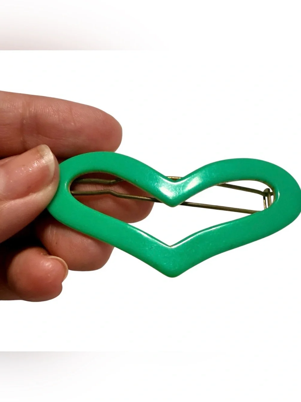 1960’s Extra Wide French Barretre in a Heart Shape, Kelley Green, 2.6” Wide!